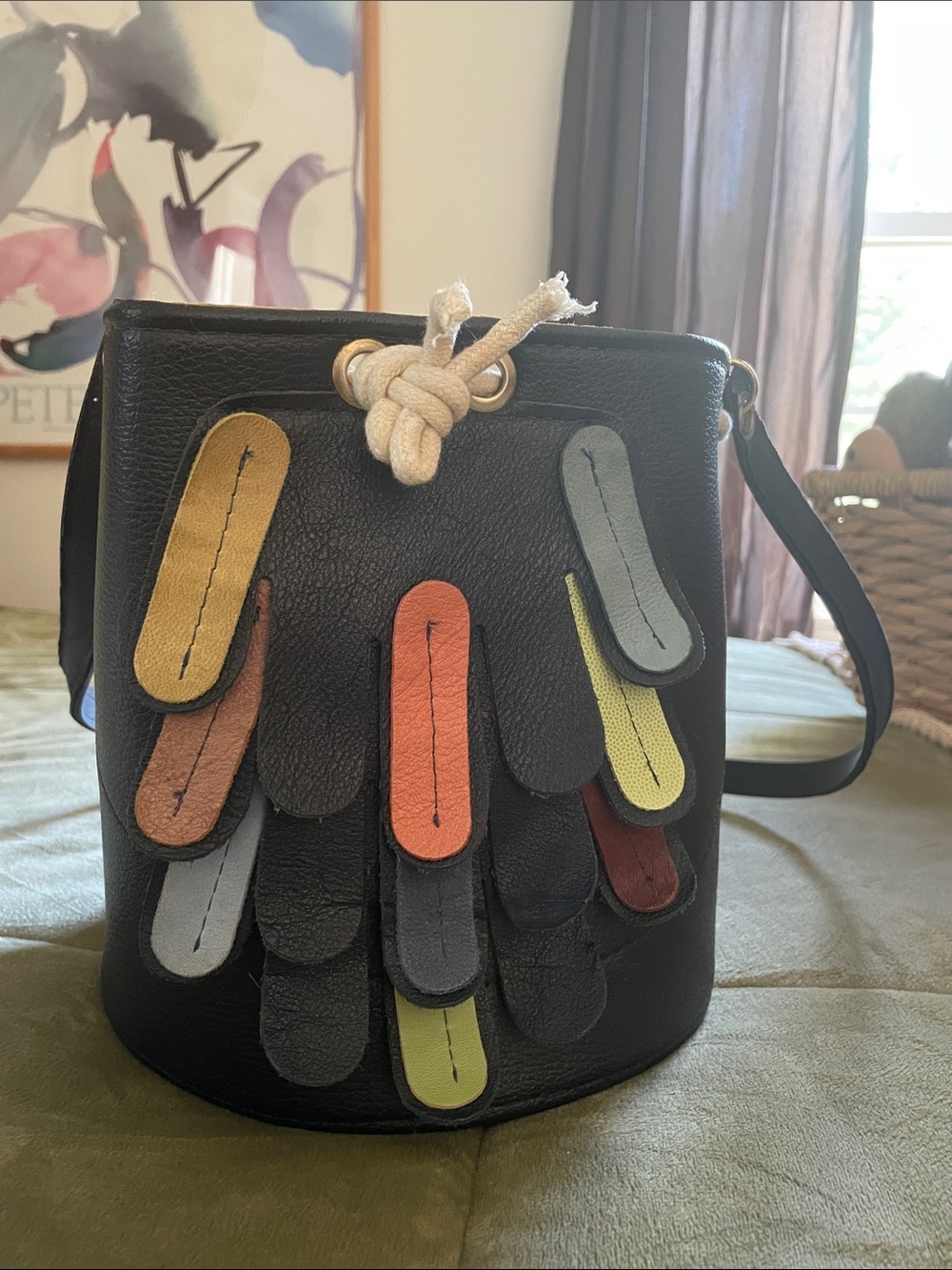 Boho Genuine Leather Bucket Bag Multi-Color Feather Applique Drawstring Purse